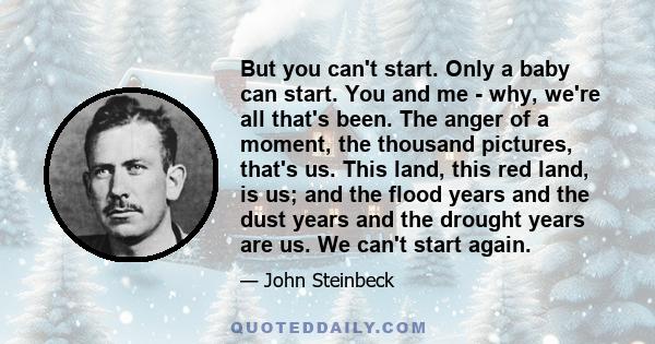 But you can't start. Only a baby can start. You and me - why, we're all that's been. The anger of a moment, the thousand pictures, that's us. This land, this red land, is us; and the flood years and the dust years and