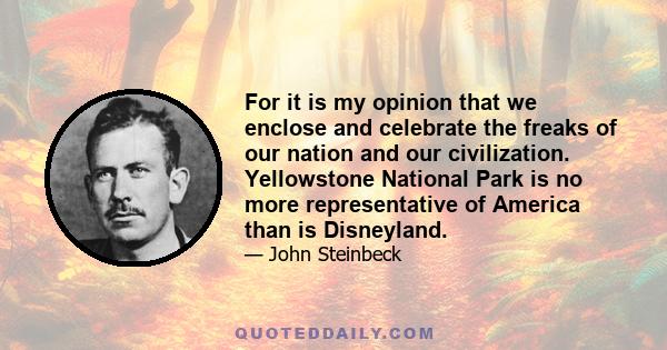 For it is my opinion that we enclose and celebrate the freaks of our nation and our civilization. Yellowstone National Park is no more representative of America than is Disneyland.