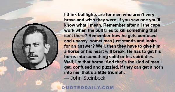 I think bullfights are for men who aren't very brave and wish they were. If you saw one you'll know what I mean. Remember after all the cape work when the bull tries to kill something that isn't there? Remember how he