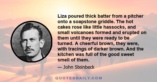 Liza poured thick batter from a pitcher onto a soapstone griddle. The hot cakes rose like little hassocks, and small volcanoes formed and erupted on them until they were ready to be turned. A cheerful brown, they were,