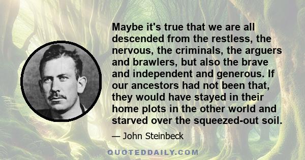 Maybe it's true that we are all descended from the restless, the nervous, the criminals, the arguers and brawlers, but also the brave and independent and generous. If our ancestors had not been that, they would have