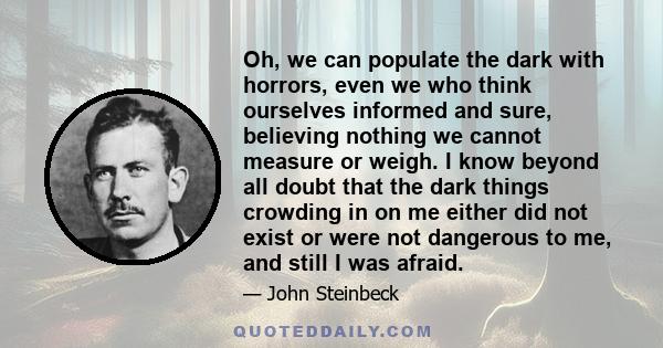 Oh, we can populate the dark with horrors, even we who think ourselves informed and sure, believing nothing we cannot measure or weigh. I know beyond all doubt that the dark things crowding in on me either did not exist 