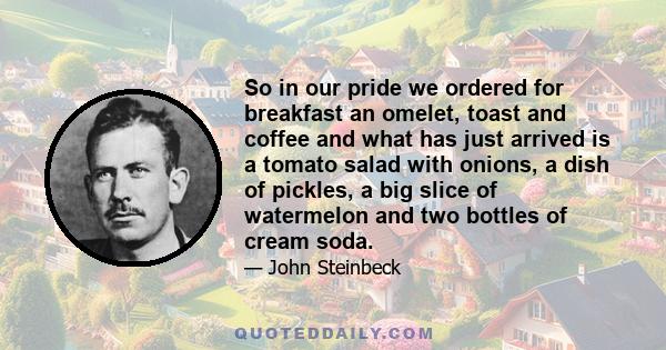 So in our pride we ordered for breakfast an omelet, toast and coffee and what has just arrived is a tomato salad with onions, a dish of pickles, a big slice of watermelon and two bottles of cream soda.