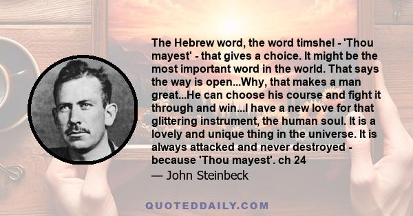 The Hebrew word, the word timshel - 'Thou mayest' - that gives a choice. It might be the most important word in the world. That says the way is open...Why, that makes a man great...He can choose his course and fight it