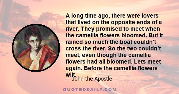 A long time ago, there were lovers that lived on the opposite ends of a river. They promised to meet when the camellia flowers bloomed. But it rained so much the boat couldn't cross the river. So the two couldn't meet,