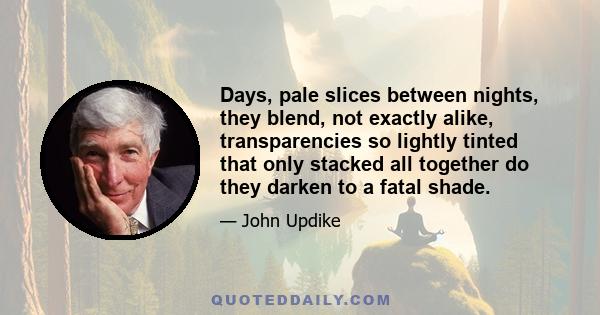 Days, pale slices between nights, they blend, not exactly alike, transparencies so lightly tinted that only stacked all together do they darken to a fatal shade.