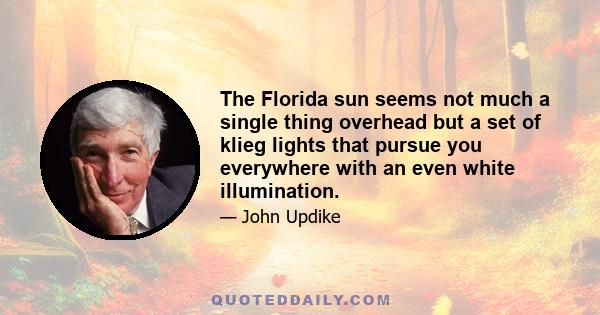 The Florida sun seems not much a single thing overhead but a set of klieg lights that pursue you everywhere with an even white illumination.