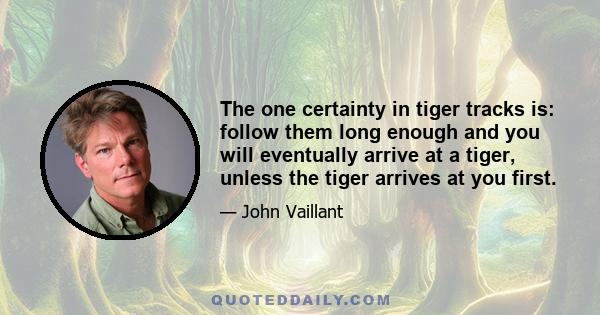 The one certainty in tiger tracks is: follow them long enough and you will eventually arrive at a tiger, unless the tiger arrives at you first.