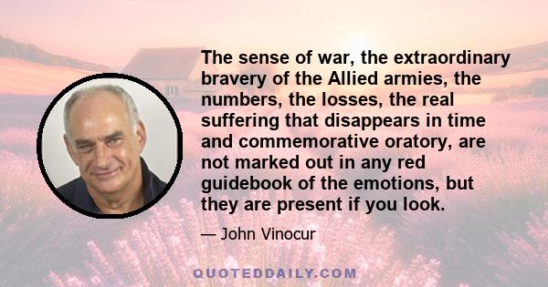 The sense of war, the extraordinary bravery of the Allied armies, the numbers, the losses, the real suffering that disappears in time and commemorative oratory, are not marked out in any red guidebook of the emotions,