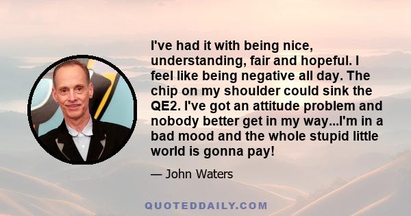 I've had it with being nice, understanding, fair and hopeful. I feel like being negative all day. The chip on my shoulder could sink the QE2. I've got an attitude problem and nobody better get in my way...I'm in a bad