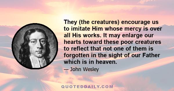 They (the creatures) encourage us to imitate Him whose mercy is over all His works. It may enlarge our hearts toward these poor creatures to reflect that not one of them is forgotten in the sight of our Father which is