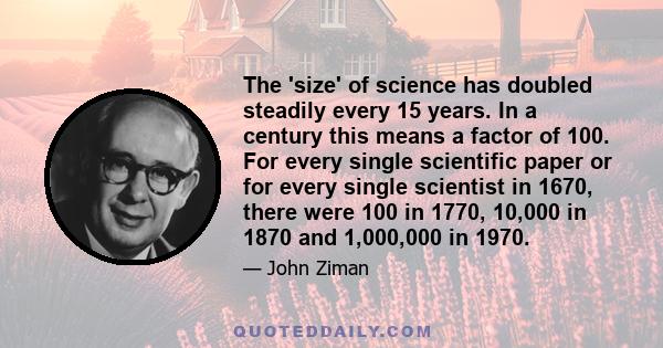 The 'size' of science has doubled steadily every 15 years. In a century this means a factor of 100. For every single scientific paper or for every single scientist in 1670, there were 100 in 1770, 10,000 in 1870 and