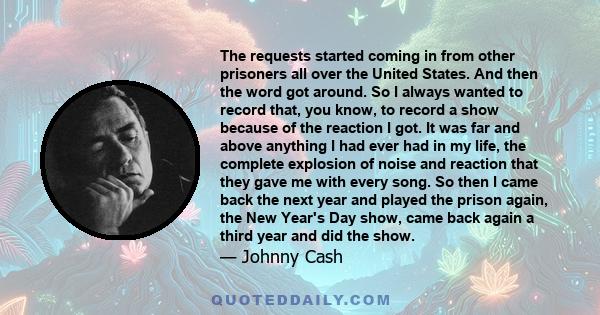 The requests started coming in from other prisoners all over the United States. And then the word got around. So I always wanted to record that, you know, to record a show because of the reaction I got. It was far and