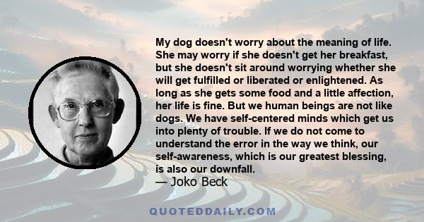 My dog doesn't worry about the meaning of life. She may worry if she doesn't get her breakfast, but she doesn't sit around worrying whether she will get fulfilled or liberated or enlightened. As long as she gets some