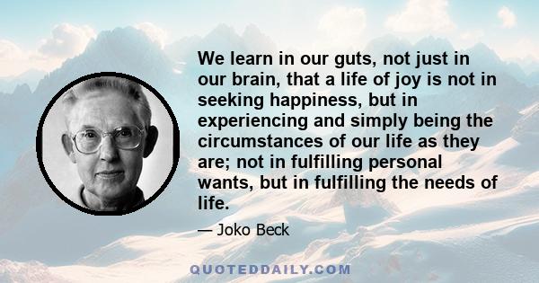 We learn in our guts, not just in our brain, that a life of joy is not in seeking happiness, but in experiencing and simply being the circumstances of our life as they are; not in fulfilling personal wants, but in