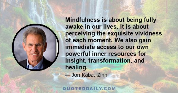 Mindfulness is about being fully awake in our lives. It is about perceiving the exquisite vividness of each moment. We also gain immediate access to our own powerful inner resources for insight, transformation, and