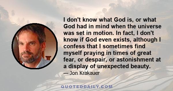 I don't know what God is, or what God had in mind when the universe was set in motion. In fact, I don't know if God even exists, although I confess that I sometimes find myself praying in times of great fear, or