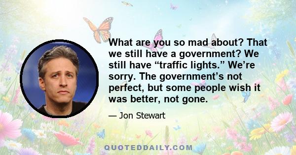 What are you so mad about? That we still have a government? We still have “traffic lights.” We’re sorry. The government’s not perfect, but some people wish it was better, not gone.