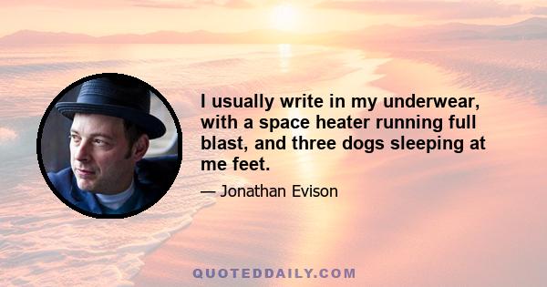 I usually write in my underwear, with a space heater running full blast, and three dogs sleeping at me feet.