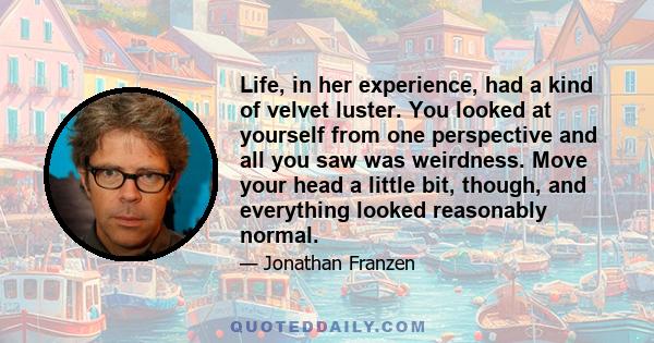 Life, in her experience, had a kind of velvet luster. You looked at yourself from one perspective and all you saw was weirdness. Move your head a little bit, though, and everything looked reasonably normal.