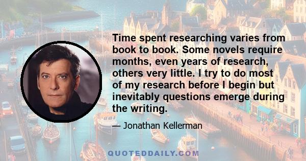 Time spent researching varies from book to book. Some novels require months, even years of research, others very little. I try to do most of my research before I begin but inevitably questions emerge during the writing.