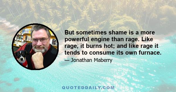 But sometimes shame is a more powerful engine than rage. Like rage, it burns hot; and like rage it tends to consume its own furnace.