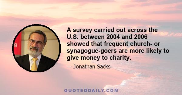 A survey carried out across the U.S. between 2004 and 2006 showed that frequent church- or synagogue-goers are more likely to give money to charity.