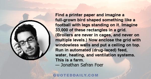 Find a printer paper and imagine a full-grown bird shaped something like a football with legs standing on it. Imagine 33,000 of these rectangles in a grid. (Broilers are never in cages, and never on multiple levels.)