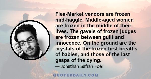 Flea-Market vendors are frozen mid-haggle. Middle-aged women are frozen in the middle of their lives. The gavels of frozen judges are frozen between guilt and innocence. On the ground are the crystals of the frozen