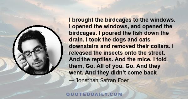 I brought the birdcages to the windows. I opened the windows, and opened the birdcages. I poured the fish down the drain. I took the dogs and cats downstairs and removed their collars. I released the insects onto the