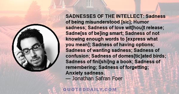 SADNESSES OF THE INTELLECT: Sadness of being misunderstood [sic]; Humor sadness; Sadness of love wit[hou]t release; Sadne[ss of be]ing smart; Sadness of not knowing enough words to [express what you mean]; Sadness of