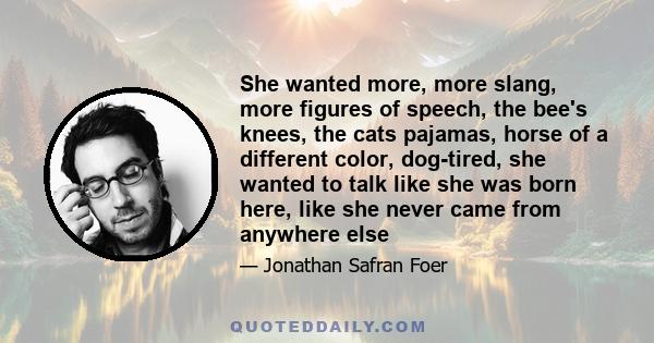 She wanted more, more slang, more figures of speech, the bee's knees, the cats pajamas, horse of a different color, dog-tired, she wanted to talk like she was born here, like she never came from anywhere else