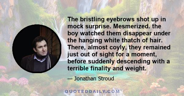 The bristling eyebrows shot up in mock surprise. Mesmerized. the boy watched them disappear under the hanging white thatch of hair. There, almost coyly, they remained just out of sight for a moment, before suddenly