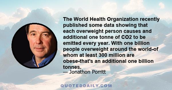 The World Health Organization recently published some data showing that each overweight person causes and additional one tonne of CO2 to be emitted every year. With one billion people overweight around the world-of whom 