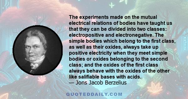 The experiments made on the mutual electrical relations of bodies have taught us that they can be divided into two classes: electropositive and electronegative. The simple bodies which belong to the first class, as well 