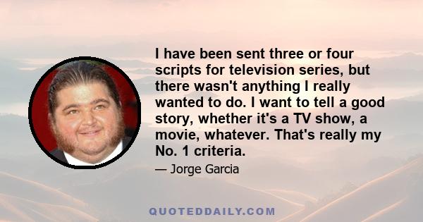 I have been sent three or four scripts for television series, but there wasn't anything I really wanted to do. I want to tell a good story, whether it's a TV show, a movie, whatever. That's really my No. 1 criteria.