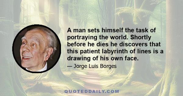 A man sets himself the task of portraying the world. Shortly before he dies he discovers that this patient labyrinth of lines is a drawing of his own face.