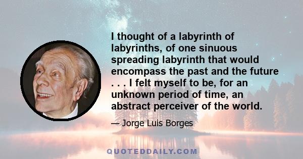 I thought of a labyrinth of labyrinths, of one sinuous spreading labyrinth that would encompass the past and the future . . . I felt myself to be, for an unknown period of time, an abstract perceiver of the world.