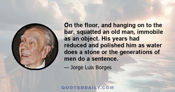 On the floor, and hanging on to the bar, squatted an old man, immobile as an object. His years had reduced and polished him as water does a stone or the generations of men do a sentence.