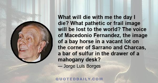 What will die with me the day I die? What pathetic or frail image will be lost to the world? The voice of Macedonio Fernandez, the image of a bay horse in a vacant lot on the corner of Sarrano and Charcas, a bar of