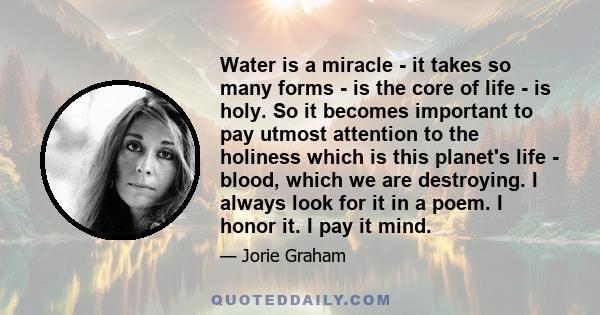 Water is a miracle - it takes so many forms - is the core of life - is holy. So it becomes important to pay utmost attention to the holiness which is this planet's life - blood, which we are destroying. I always look