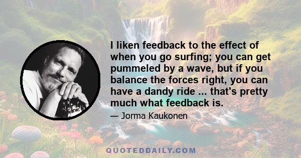 I liken feedback to the effect of when you go surfing; you can get pummeled by a wave, but if you balance the forces right, you can have a dandy ride ... that's pretty much what feedback is.