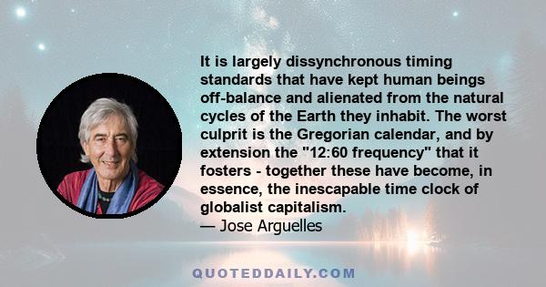 It is largely dissynchronous timing standards that have kept human beings off-balance and alienated from the natural cycles of the Earth they inhabit. The worst culprit is the Gregorian calendar, and by extension the