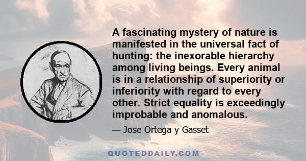 A fascinating mystery of nature is manifested in the universal fact of hunting: the inexorable hierarchy among living beings. Every animal is in a relationship of superiority or inferiority with regard to every other.