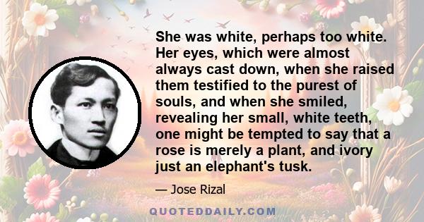 She was white, perhaps too white. Her eyes, which were almost always cast down, when she raised them testified to the purest of souls, and when she smiled, revealing her small, white teeth, one might be tempted to say