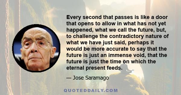 Every second that passes is like a door that opens to allow in what has not yet happened, what we call the future, but, to challenge the contradictory nature of what we have just said, perhaps it would be more accurate