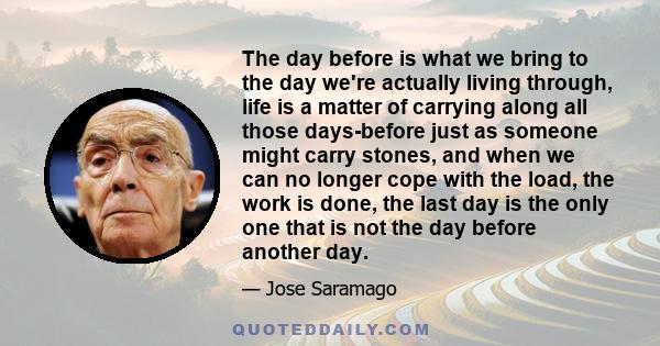 The day before is what we bring to the day we're actually living through, life is a matter of carrying along all those days-before just as someone might carry stones, and when we can no longer cope with the load, the