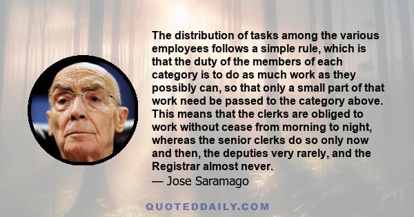 The distribution of tasks among the various employees follows a simple rule, which is that the duty of the members of each category is to do as much work as they possibly can, so that only a small part of that work need 