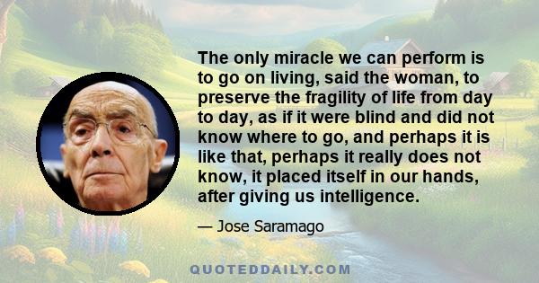 The only miracle we can perform is to go on living, said the woman, to preserve the fragility of life from day to day, as if it were blind and did not know where to go, and perhaps it is like that, perhaps it really