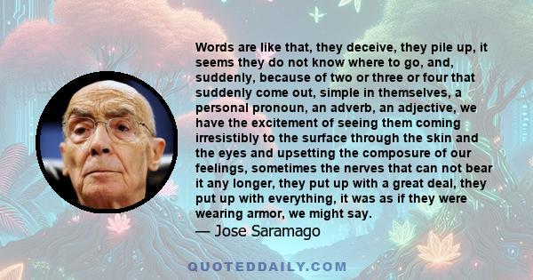 Words are like that, they deceive, they pile up, it seems they do not know where to go, and, suddenly, because of two or three or four that suddenly come out, simple in themselves, a personal pronoun, an adverb, an